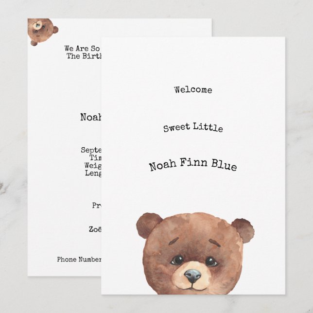 Convite Cute Animal Brown Bear Sweet Baby Announcement (Frente/Verso)