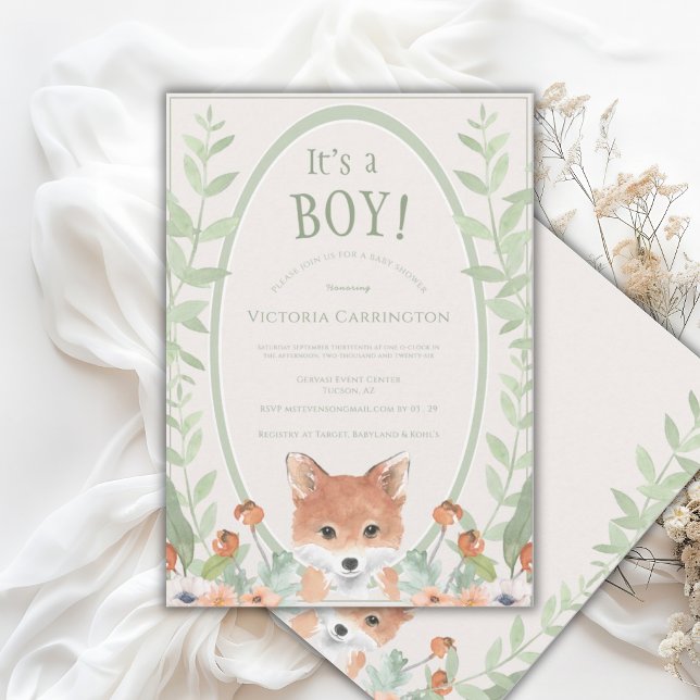 Convite Cute Animal Fox Watercolor Greenery Baby (Criador carregado)