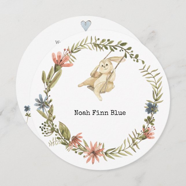 Convite Cute Animal Rabbit Baby Boy Announcement Card (Frente/Verso)