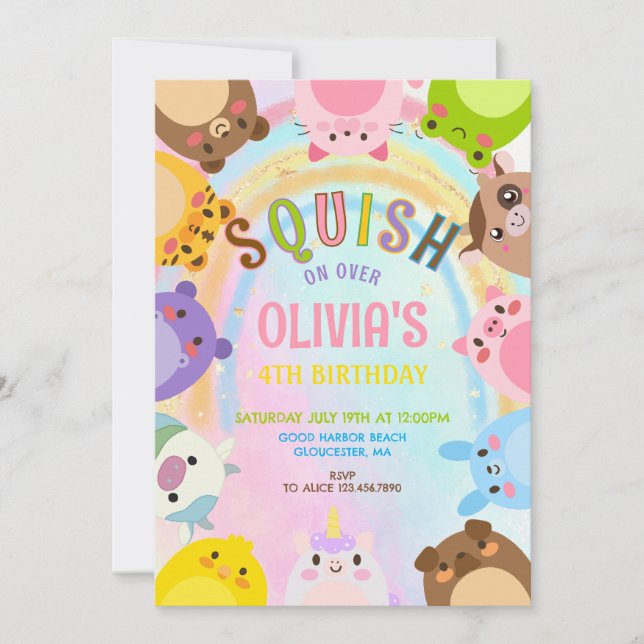 Convite Cute Animals Squish On Over rainbow  Birthday  (Frente)