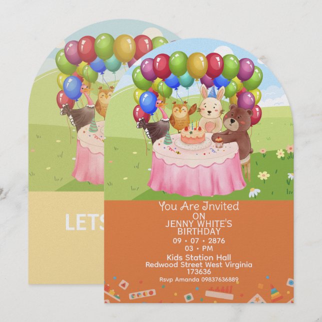 Convite Cute Animals Themed kids Birthday Invitation  (Frente/Verso)