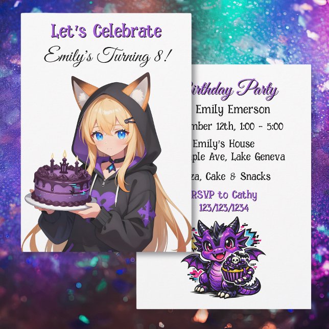 Convite Cute Anime Girl and Dragon Girl's Birthday Party (Criador carregado)