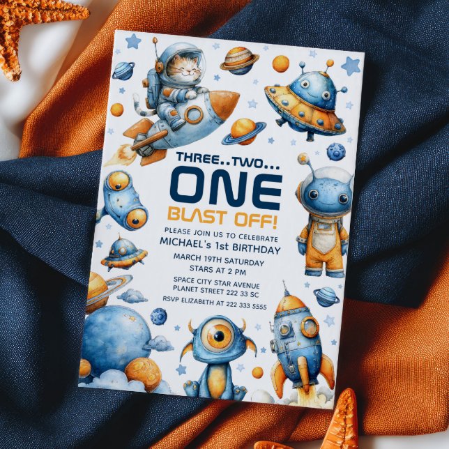 Convite Cute Astronaut Cat Blast Off Space 1st Birthday (Criador carregado)