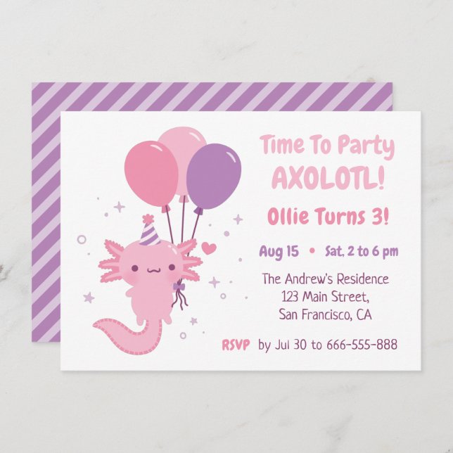Convite Cute Axolotl and Balloons Girls Birthday Party (Frente/Verso)