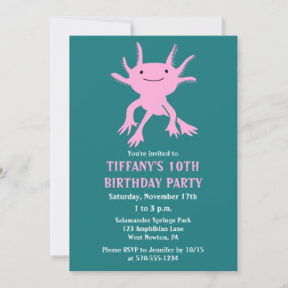 Convite Cute Axolotl Pink Salamander Birthday Party