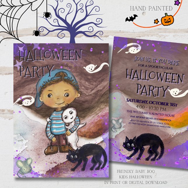 Convite Cute Baby boo, cat & Boy Halloween Party  (Cute Baby boo, cat & Boy Halloween Party Invitation)