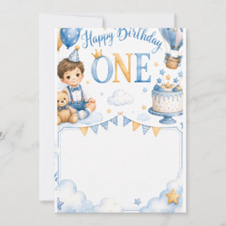 Convite Cute Baby Boy 1st Birthday Invitation Watercolor
