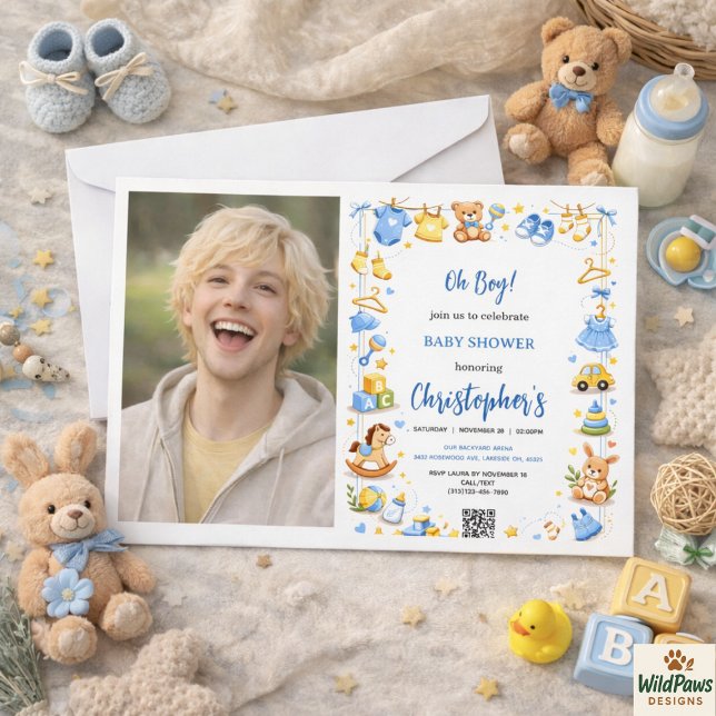 Convite Cute Baby Clothes & Toys Boy Baby Shower photo (Cute Baby Clothes & Toys Boy Baby Shower photo Invitation
)