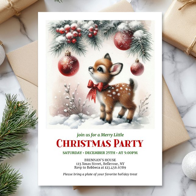 Convite Cute baby deer Christmas kids invite editable card (Cute baby deer watercolor Christmas invite red green white)
