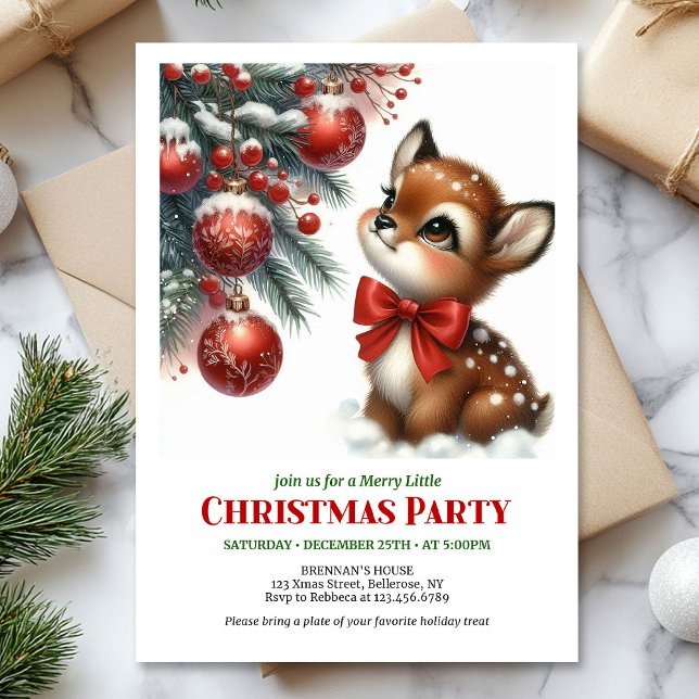 Convite Cute baby deer watercolor Christmas invitation  (Cute baby deer watercolor Christmas invitation digital template)