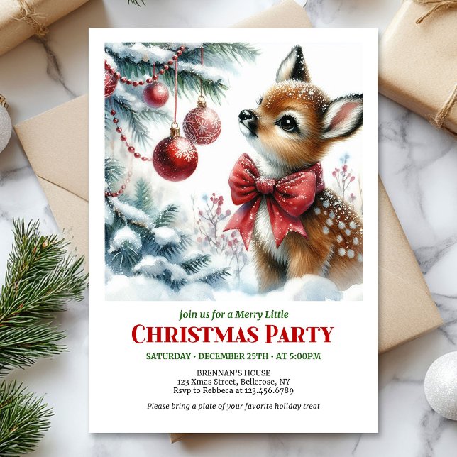 Convite Cute baby deer winter scene Christmas party invite (Cute baby deer winter scene Christmas party invitation)