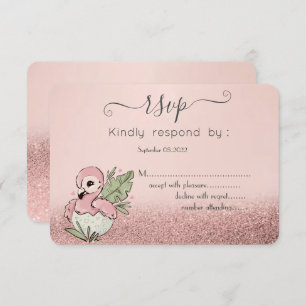 Convite Cute Baby Flamingo Rosa Dourado Glitter RSVP