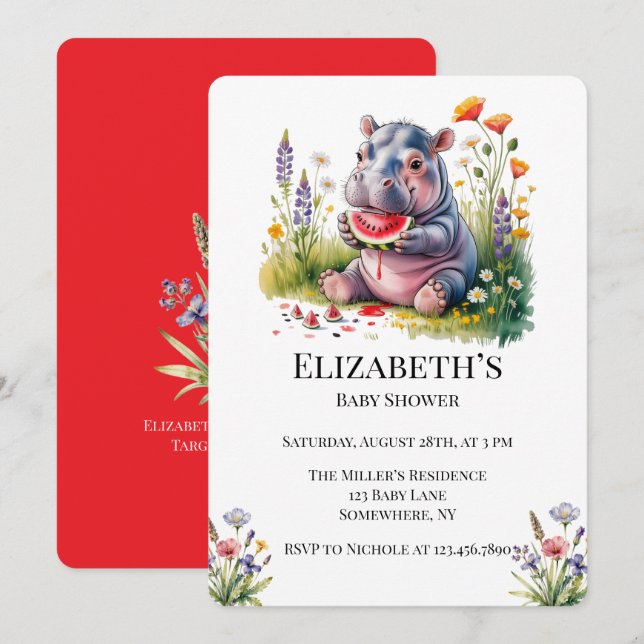 Convite Cute Baby Hippopotamus Watermelon Baby Shower  (Frente/Verso)