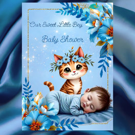 Convite Cute Baby Shower Boy Blue Little Cat Kitten