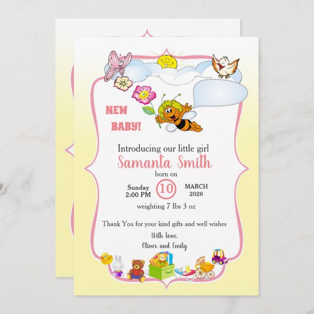 Convite Cute Baby Shower Invitation for girl (Frente/Verso)