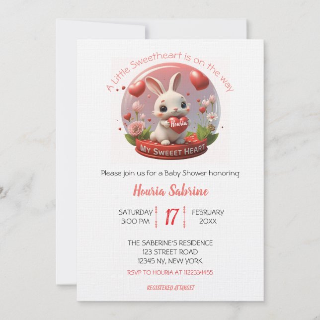 Convite Cute Baby Shower Rabbit Sweetheart Valentine (Frente)