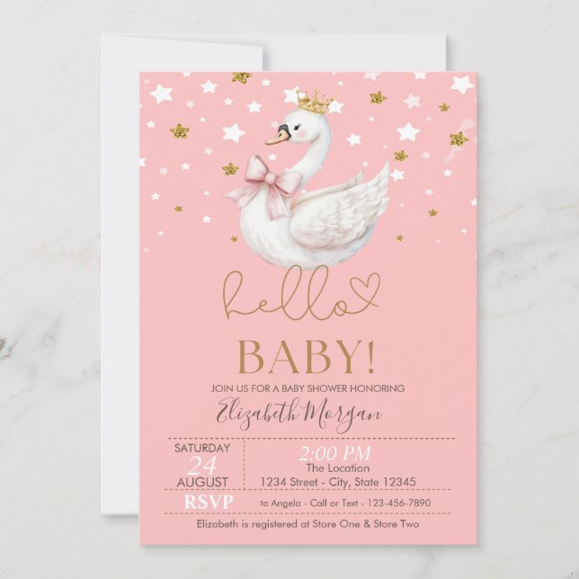 Convite Cute Baby Swan Stars Baby Shower (Frente)