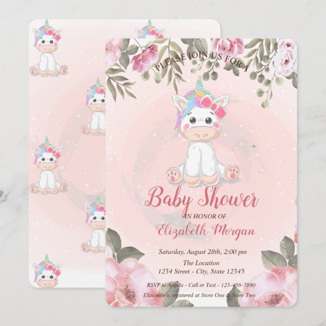 Convite Cute Baby Unicorn, Floral Chá de fraldas Invance (Frente/Verso)