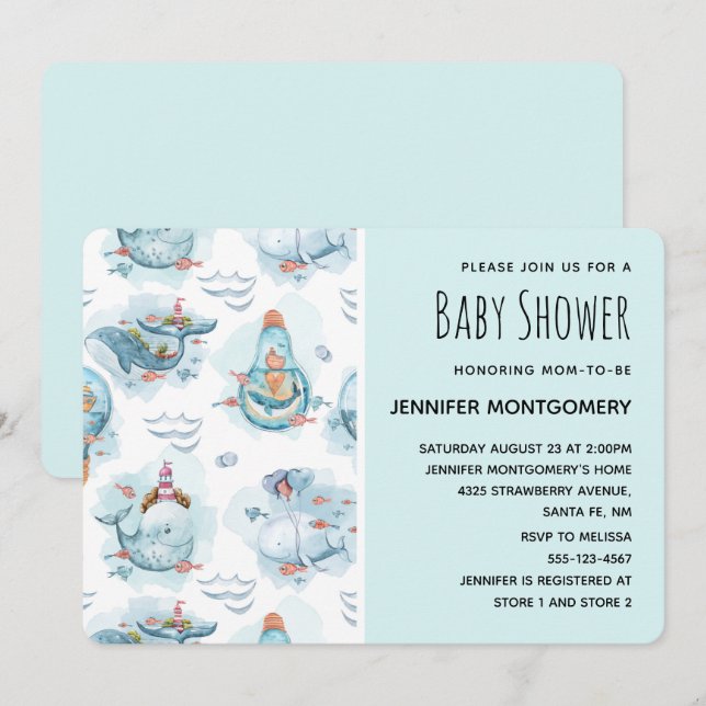 Convite Cute Baleias Náuticas Padrão de Aquarela para Banh (Frente/Verso)