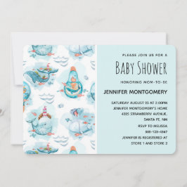 Convite Cute Baleias Náuticas Padrão de Aquarela para Banh