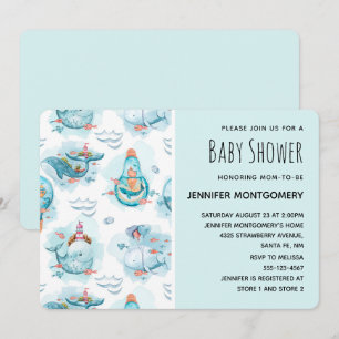 Convite Cute Baleias Náuticas Padrão de Aquarela para Banh