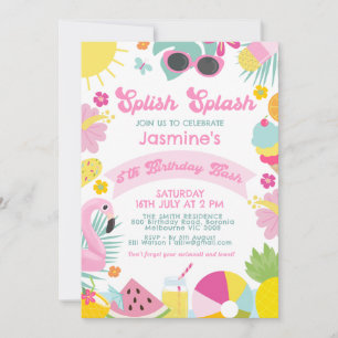Convite Cute Banner Rosa Retro Splish Splash Aniversário d