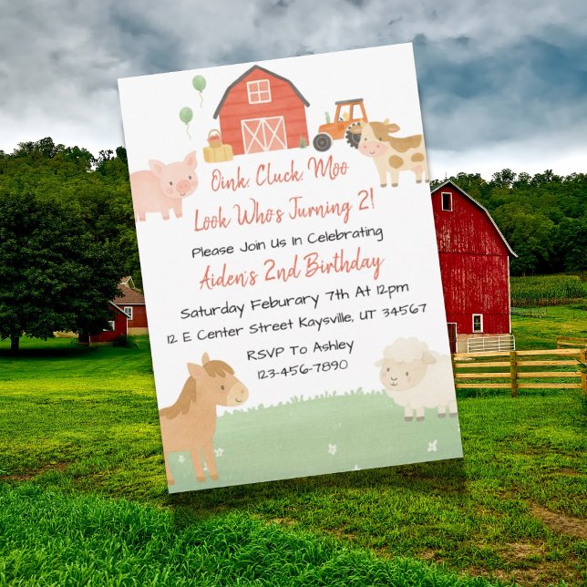 Convite Cute Barnyard Animal segundo aniversário Invite (Farm-themed second birthday invitation design with barn, animals, and playful farm elements.)