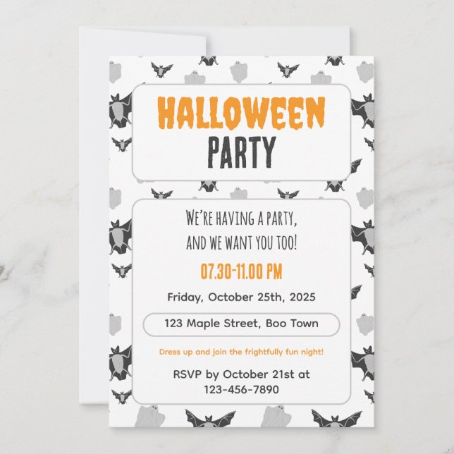 Convite Cute Bat and Ghost Halloween Invitation. (Frente)