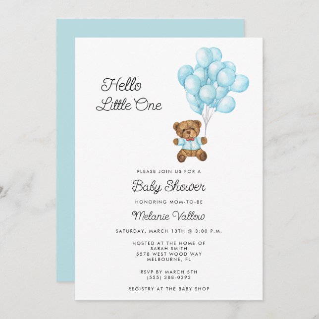Convite Cute Bear Boy Blue Baby Shower Invite (Frente/Verso)