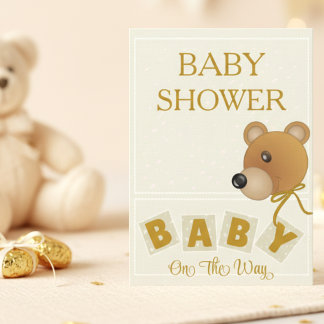 Convite Cute Bear Cream & Gold Baby Shower Invitation