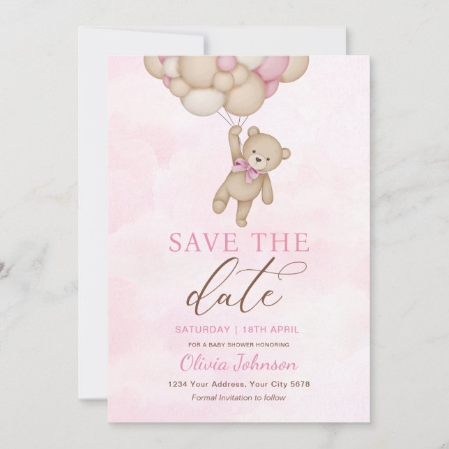 Convite Cute Bear Pink Save the Date (Frente)
