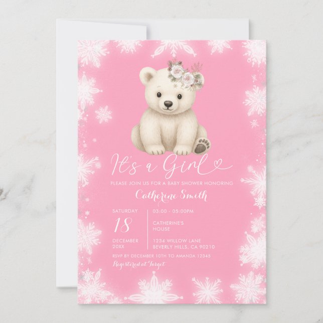 Convite Cute Bear Winter White Snowflakes Girl Baby Shower (Frente)