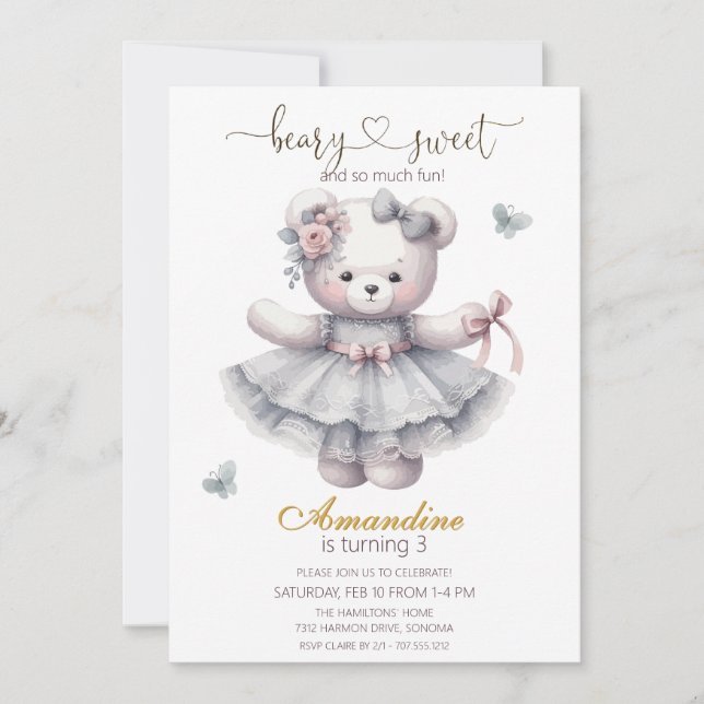 Convite Cute bearly sweet  girl birthday  Invitation (Frente)