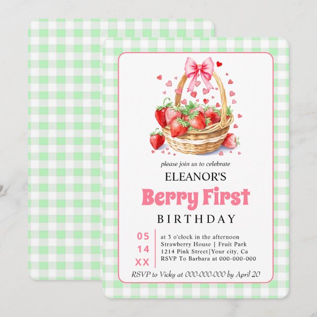 Convite Cute Berry First Birthday strawberries for girls (Frente/Verso)