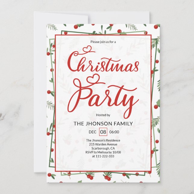 Convite Cute Berry Pattern Calligraphy Christmas Party  (Frente)