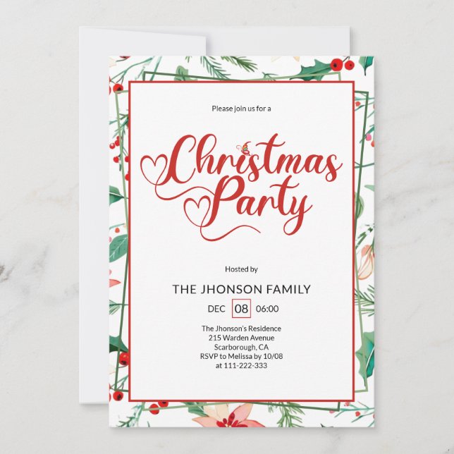 Convite Cute Berry Pattern Calligraphy Christmas Party (Frente)