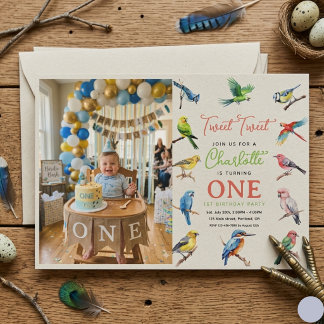 Convite Cute Bird 1st Birthday Photo | Sweet Baby Bird 