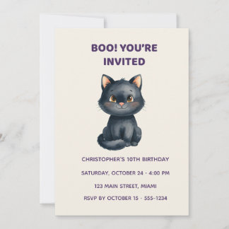 Convite Cute Black Cat Halloween Birthday Invitation | Kid