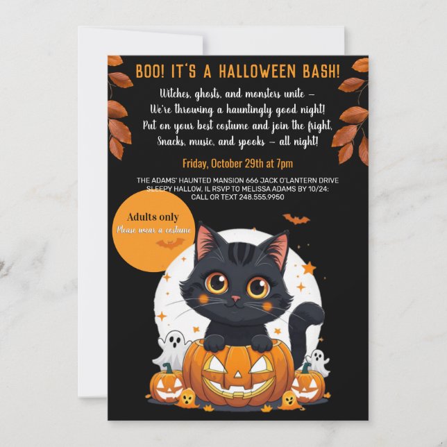 Convite Cute Black Cat Halloween Party Invitation for Adul (Frente)