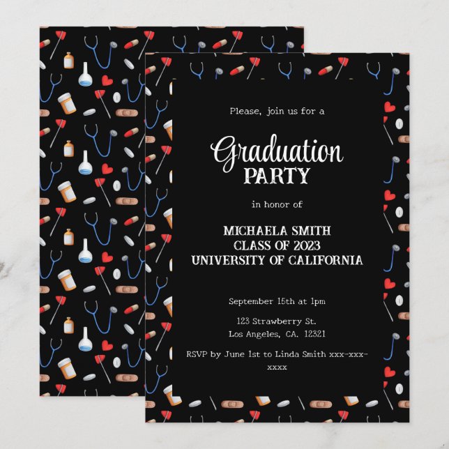 Convite Cute Black Doctor Pattern Graduation Party  (Frente/Verso)