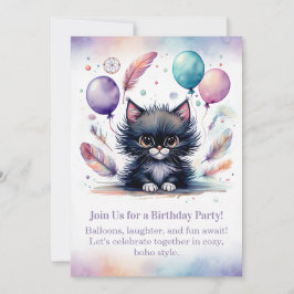 Convite Cute Black Kitten Birthday Invitation  Boho 