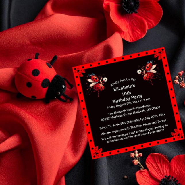 Convite Cute Black/Red Ladybug Fairy Birthday Party (Criador carregado)