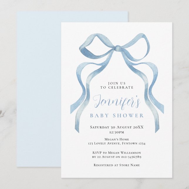 Convite Cute Blue Bow Baby Shower invitation (Frente/Verso)
