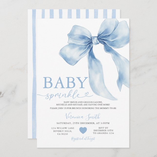 Convite Cute Blue Bow Coquette Baby Sprinkle Baby Shower (Frente/Verso)
