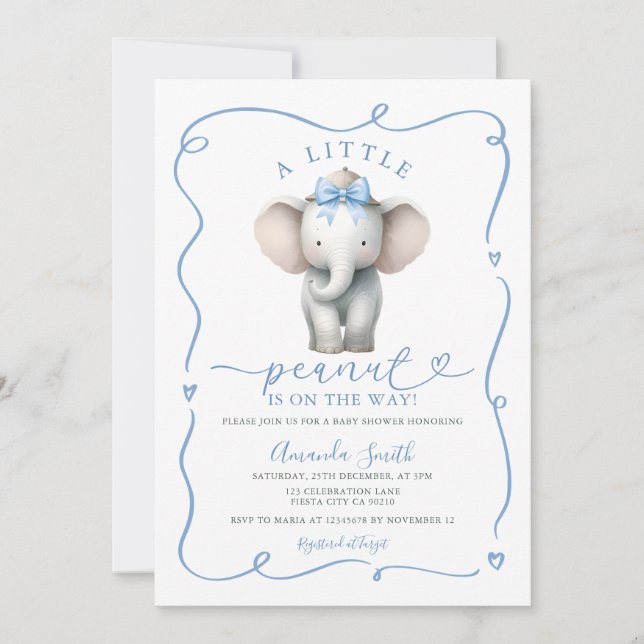 Convite Cute Blue Bow Elephant Peanut Baby Shower  (Frente)