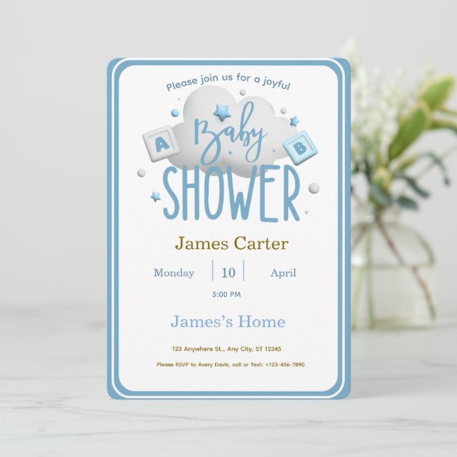 Convite Cute Blue Boy Baby Shower Invitation (Em pé/Frente)