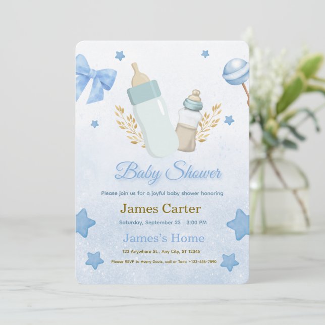 Convite Cute Blue Boy Baby Shower Invitation (Em pé/Frente)