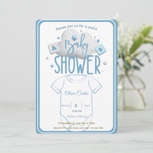 Convite Cute Blue Boy Baby Shower Invitation (Em pé/Frente)