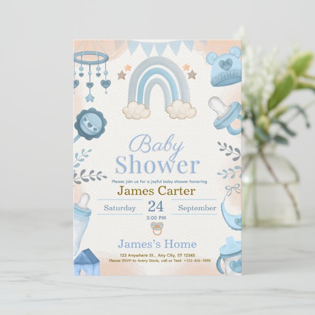 Convite Cute Blue Boy Baby Shower Invitation (Em pé/Frente)