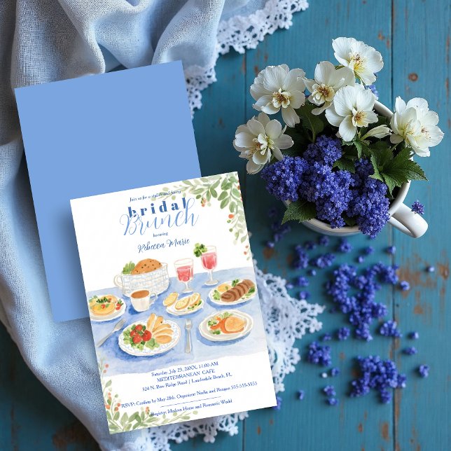 Convite Cute Blue Bridal Brunch Table Vintage Illustration (Cute Blue Bridal Brunch Table Vintage Illustration Invitation Cards.)